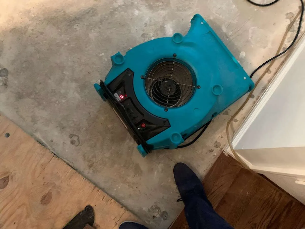 Air mover drying subfloor during Leak Detection & Repair in Jennings